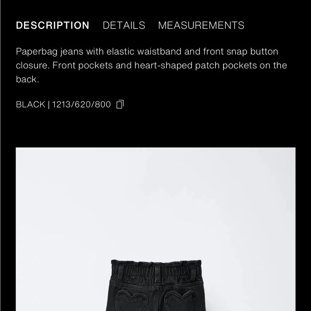 Zara kids, black, heart pocket paperbag jeans, size 6 years